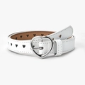 White faux leather belt with silver heart buckle and heart-shaped hollow-out patterns - White