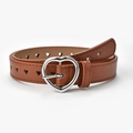 Classic brown women's belt with silver heart buckle and heart-shaped hollow patterns - Camel