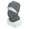 Detail of gray fleece winter beanie and neck warmer set on a white mannequin torso - Gray