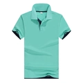 Mint green short-sleeved cotton polo shirt with navy blue contrast trim on collar and cuffs - Mint Green Navy