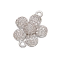 Macro view of micro-pave cubic zirconia flower charm with silver connector loops - Silver Flower