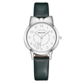 Quartz girl watch featuring cat ear case and dark green leather strap - Silver Case Green Strap