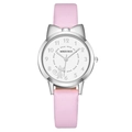 Pink leather girls watch featuring silver cat ear case and Arabic numeral dial - Silver Case Pink Strap