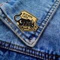 Cute black cat enamel pin with IF IT FITS I SITS slogan on denim jacket collar - Black Cat in Box If I fits-Gold