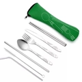 8-piece stainless steel cutlery set with floral engraving and green storage bag - 7-Piece Green Floral Set