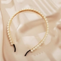 Elegant gold metal headband with white faux pearls on champagne silk background - Gold Thin Hoop Pave Pearl