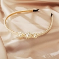 Elegant gold metal headband with white faux pearls on champagne silk background - Mixed Specification Pearls-Gold