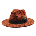 Orange leopard print wool fedora hat with black ribbon and decorative feather detail - M (56-58cm) / Rust red