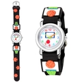 Kids sports quartz watch with 3D basketball theme and black silicone strap on white background - Black