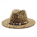Classic leopard print fedora hat with bohemian beaded band and shell details - M (56-58cm) / Camel