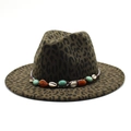 Retro Wollfilzhut mit Leopardenmuster, breiter Krempe und böhmischem Edelsteinband - M (56-58cm) / Armeegrün