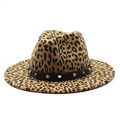 Leopard print wide brim jazz hat with punk style studded black leather band - M (56-58cm) / Camel
