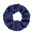 Detailed view of large navy blue satin scrunchie with smooth silky texture and elastic folds - Navy Blue