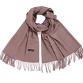 Classic coffee brown cashmere scarf with soft tassel edges and woven logo label - Shrimp Color