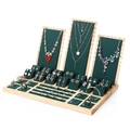 Bamboo jewelry organizer set with dark green velvet display pads for rings and necklaces - Green