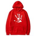 Red hooded sweatshirt with white handprint graphic on chest, flat lay view for men - S / Red