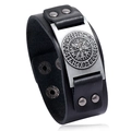 Bracciale vichingo con bussola in pelle nera e piastra metallica argentata vintage - Argento Antico