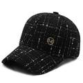 Fashionable black and white tweed baseball cap with a gold M emblem for men and women - Adjustable / Black Plaid