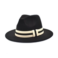 Detailed close-up of a black wool fedora hat featuring a beige and black striped ribbon band - M (56-58cm) / Black