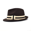 Detail of a dark brown wool fedora hat featuring a stylish striped ribbon band decoration - M (56-58cm) / Coffee