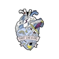 Enamel heart pin featuring blue aesthetic, dagger icon and 'FIGHT LIKE A GIRL' text ribbon - Fight Like A Girl Heart