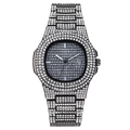 Luxurious black quartz watch featuring full crystal pavé dial, case, and date function - Black