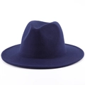 Classic dark blue wide-brim wool fedora hat with a flat brim and structured crown - M (56-58cm) / Navy Blue