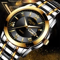 ORUSS men's quartz watch with black dial and two-tone gold silver stainless steel strap - Two-tone Gold Black Dial (Double Calendar)