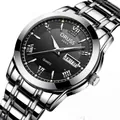 ORUSS men's quartz watch with silver steel band, black dial, and day-date display - Silver Black Dial (Double Calendar)