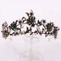 Detail of Baroque floral crown with white pearls and black rhinestones on gold metal - Antique Gold with Black Rhinestones