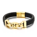 Men's black woven leather bracelet with golden anchor link magnetic clasp - 21.5cm Gold
