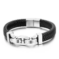Men's braided black leather bracelet with three silver metal chain links and magnetic clasp - 21.5cm Steel Color