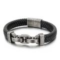 Men's braided black leather bracelet with vintage silver-toned industrial chain links - 21.5cm Antique Black