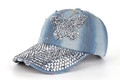 Light blue denim baseball cap featuring rhinestone butterfly and studded brim accents - Sky Blue Denim