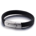 Bracciale da uomo minimalista in pelle intrecciata nera con chiusura magnetica in argento - Corda Intrecciata Nera Con Fibbia Argentata (KB79605-BD)