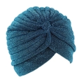 Detail of blue turban hat with sparkling glitter threads and metallic fiber texture - One Size / Lake Blue
