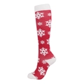 Red Christmas compression socks featuring white snowflake patterns and ribbed cuffs - Pink Base Snowflake