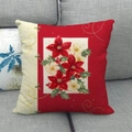 Minimalist Christmas linen throw pillow cover with red poinsettia floral and berry pattern - Style 25