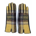 Close-up of winter wool blend gloves with yellow and brown tartan plaid pattern - One Size / Yellow