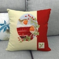 Linen Christmas pillowcase featuring robin and red berry print on a gray sofa - Style 30