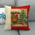 Linen Christmas pillow case with Season's Greetings text and festive fireplace illustration - Style 32