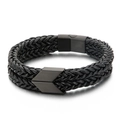 Pulsera de hombre en cuero trenzado negro de doble capa con hebilla de flecha de acero mate - Negro (KB138680-KFC)
