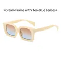 Retro square sunglasses in off-white frame with tea-blue gradient lenses for trendy look - Off-white Frame Tea-Blue Lenses
