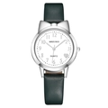 Girl's quartz watch with silver cat-ear case, dark green leather strap and heart dial - Silver Case Green Strap