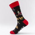Mid-calf cotton socks featuring wine bottle, glass, and cheese patterns on a black base - EU 41-46 / Black/Red/Wine Pattern