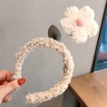 Cute lamb wool flower headband in beige featuring a 3D plush white flower with pink core - White Flower