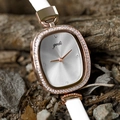 Elegant rose gold watch with white leather strap and sparkling rhinestone bezel design - White