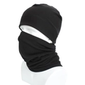 Detail of black winter knit hat and neck warmer set worn on a mannequin head - Black