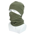 Detail of military green winter knitted beanie and thermal neck warmer set on a mannequin - Army Green
