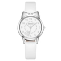 Cute cat-ear watch with white leather strap and silver case featuring a cat dial - Silver Case White Strap